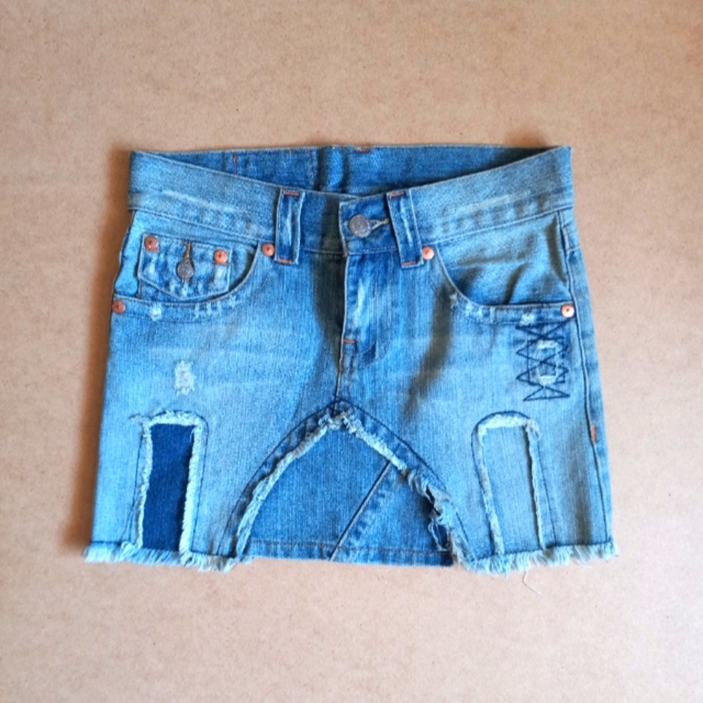 True Religion Denim Patched Skirt, Size 27, Used